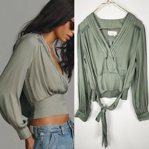 ANTHROPOLOGIE Long Sleeve Tie Blouse Women's Size Medium Satin - Picture 1 of 9